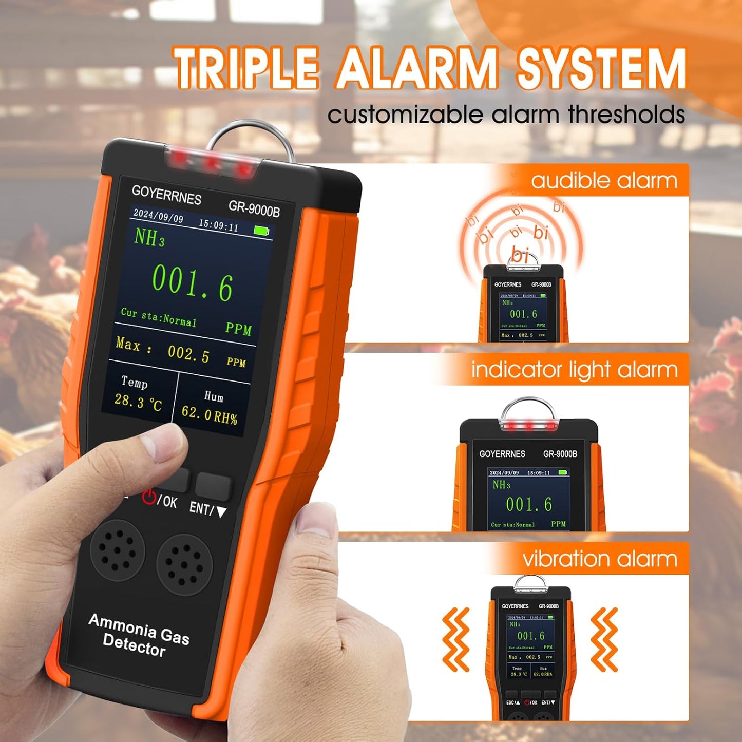 Ammoniak-gasdetector, draagbare NH3-gasdetector met alarm, temperatuur, luchtvochtigheid, digitale ammoniak-continue bewakingssensor, bereik 0-100 ppm, lcd-scherm, oplaadbaar, geschikt voor