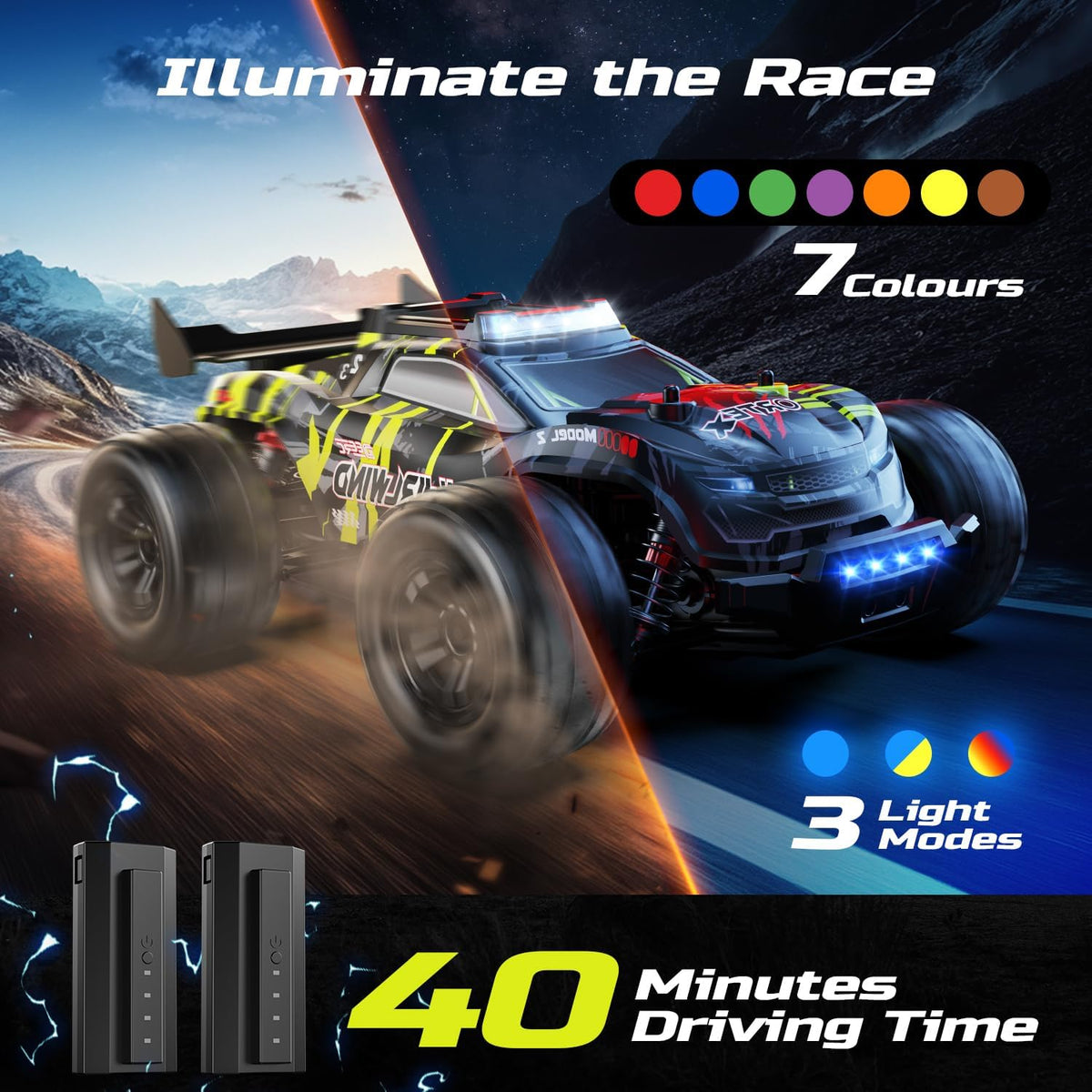 <font dir="auto" style="vertical-align: inherit;"><font dir="auto" style="vertical-align: inherit;">        DEERC 1:14 Brushless RC Car for Adults, 43MPH 4WD Off-Road RC Truck with 7-Color LED Lights, Metal Oil Shock Absorbers, 2x7.4V High-Capacity Batter