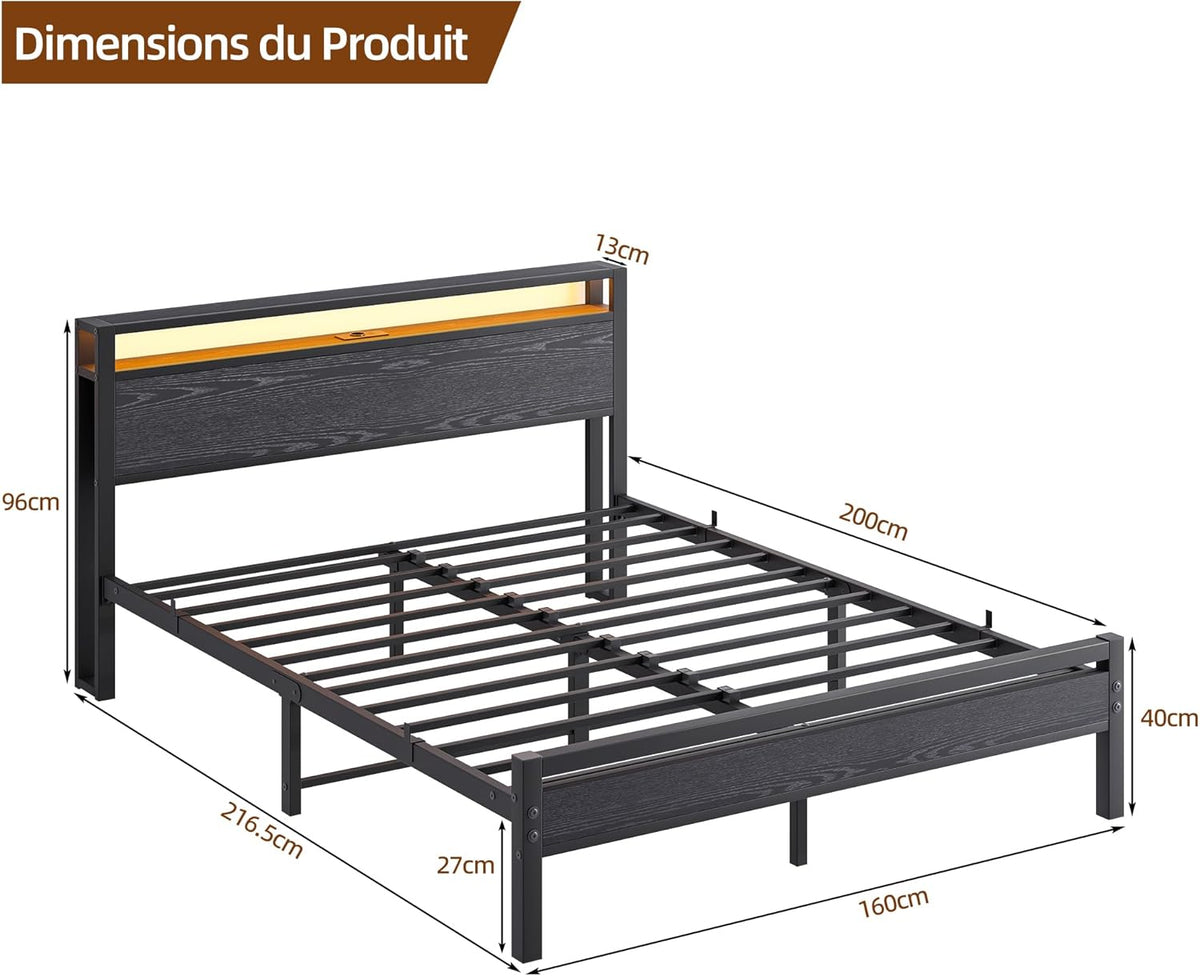 Bedframe met laadstation, led-verlichting, tweepersoonsbed, logeerbed, metalen bed, 160 x 200 cm, bedframe van metaal, jeugdbed met lattenbodem, hoofdeinde in zwart, voor slaapkamer en