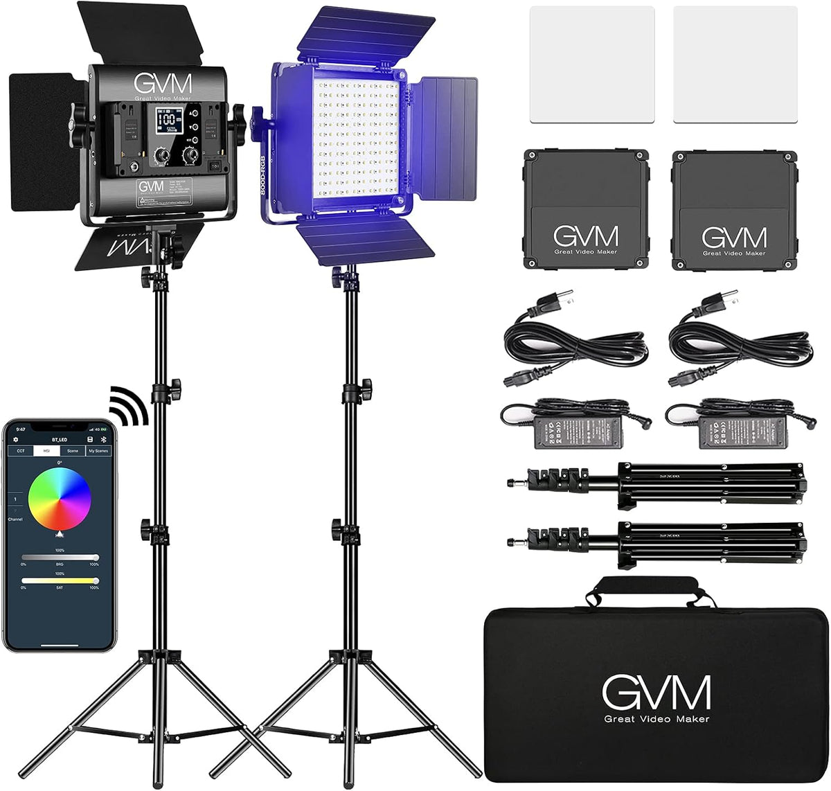 GVM Led-videolamp, paneel met statief, set van 2, 40 W, 800D RGB, fotografie, studiolicht, app-bediening, 3200K-5600K videoconferentielicht, 18 lichteffecten voor studio, fotografie, YouTube streaming
