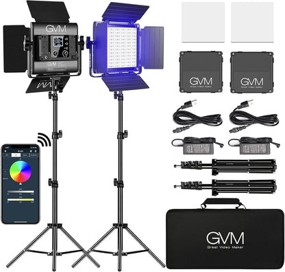 GVM Led-videolamp, paneel met statief, set van 2, 40 W, 800D RGB, fotografie, studiolicht, app-bediening, 3200K-5600K videoconferentielicht, 18 lichteffecten voor studio, fotografie, YouTube streaming