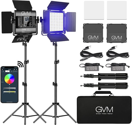 GVM Led-videolamp, paneel met statief, set van 2, 40 W, 800D RGB, fotografie, studiolicht, app-bediening, 3200K-5600K videoconferentielicht, 18 lichteffecten voor studio, fotografie, YouTube streaming