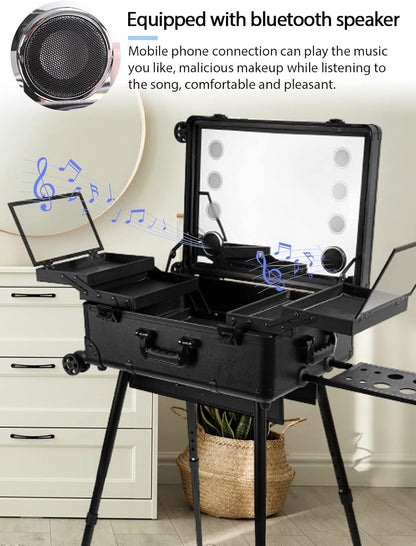 Professionele Make-up Koffer – Make-up Case – Make-up Trolley – Visagiekoffer – Cosmeticakoffer – LED Spiegel Met 3 Lichtkleuren – Bluetooth Speaker