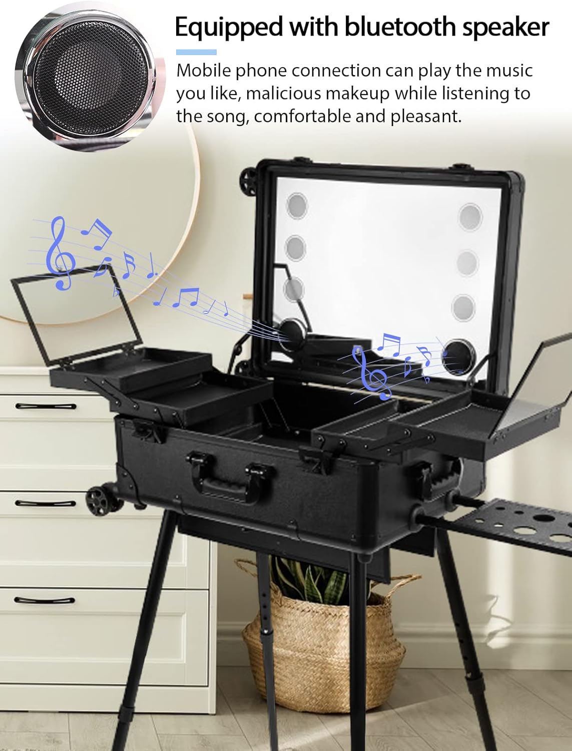 EBANKU Professionele Make-upkoffer, Rolling Makeup Travel Case Trolley Cosmetic Case met Verlichte Spiegel en Bluetooth, Multifunction Artist Cosmetic Case Hairdressing Trolley