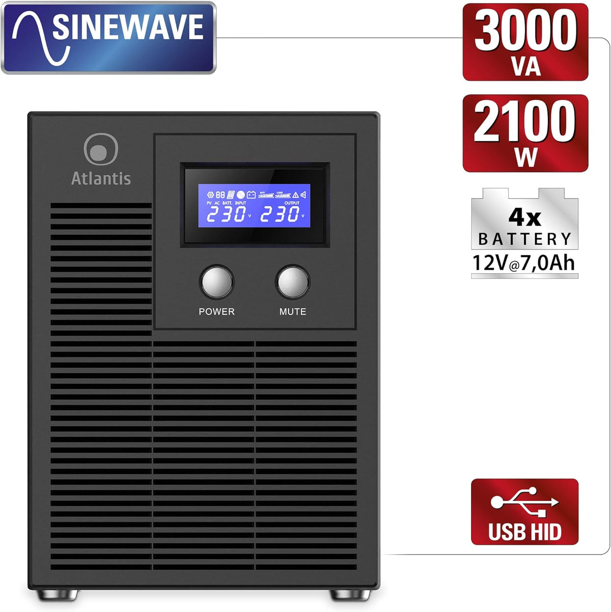 Atlantis A03-HP4003P Ononderbroken sinusgolf 3000 VA, 2100 W, Line-interactive, LCD-display, USB-HID-aansluiting, 6 IEC-uitgangen, 4 12 V-7 Ah batterijen, RS232 seriële poort, SNMP-slot, softwa