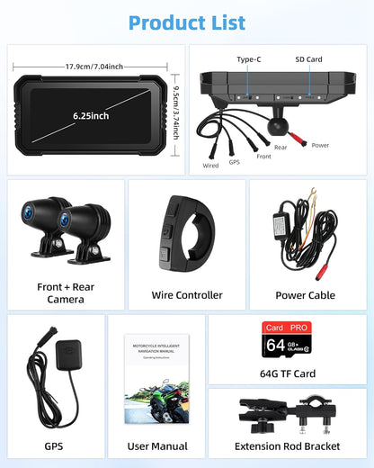 4K Motorfiets CarPlay Android Auto met Dashcam voor en achter, 6,25 inch CarPlay-scherm GPS Dashcam Motorfiets IP67 Waterdicht Touchscreen, Navigatieapparaten Dubbele Bluetooth Spraakbediening 64G TF