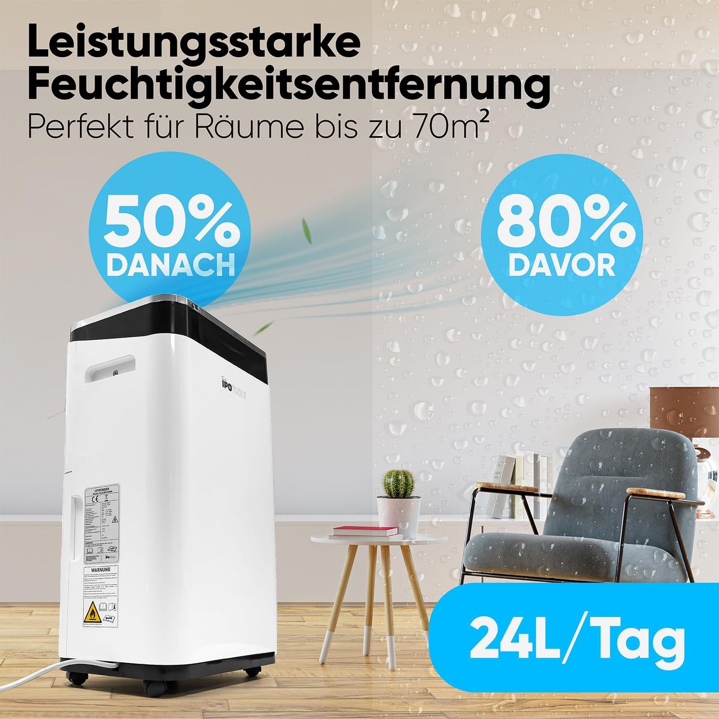 IPOTOOLS Luchtontvochtiger, 25 liter, 24 uur, ruimteontvochtiger voor ruimtes tot 70 m2, met 3 bedrijfsmodi, digitaal display, afvoerslang, wasdroger, timer voor vocht, schimmel, mobiel, 25 liter