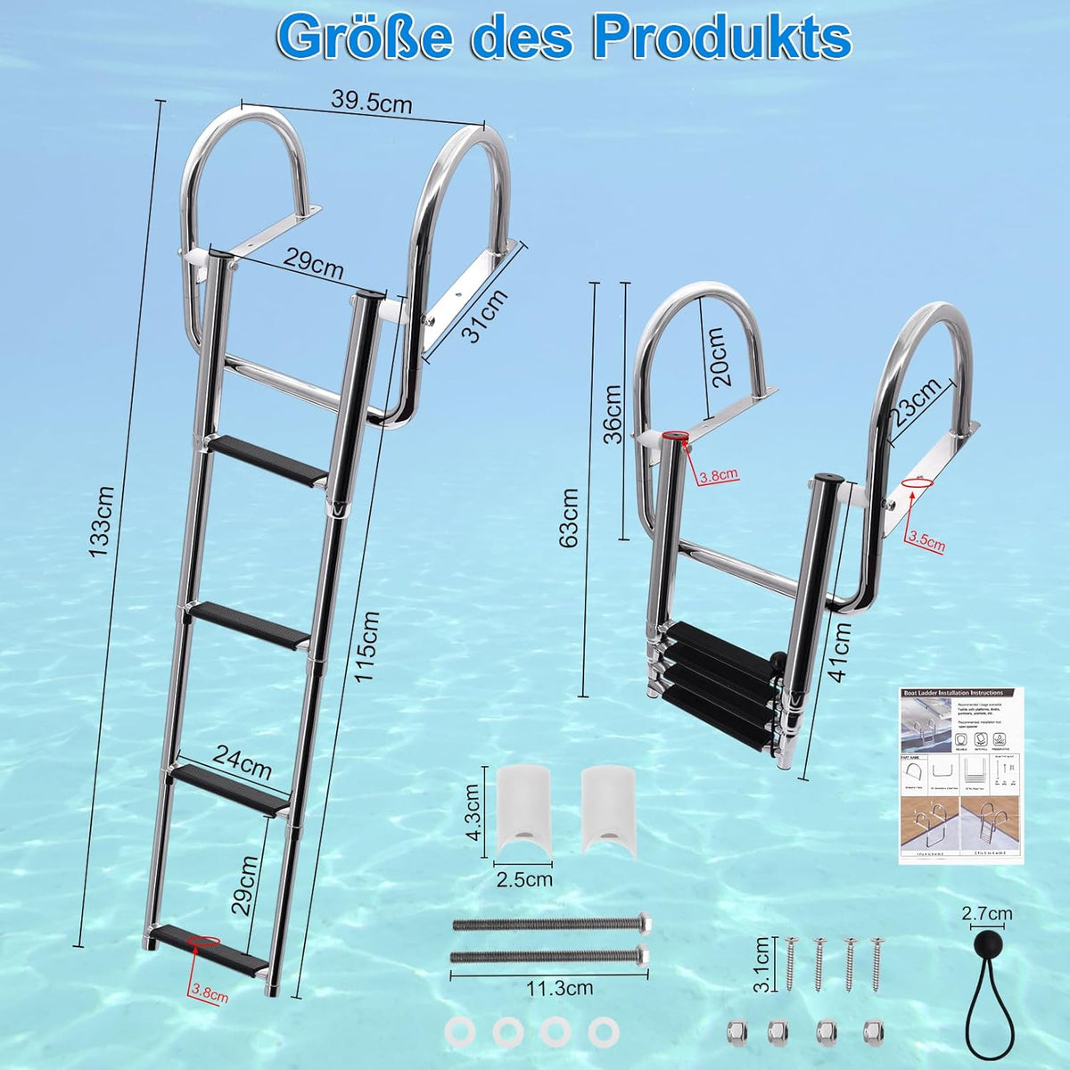 KAOLALI Bootladder, 4 treden, zwembadladder, roestvrij staal, inklapbaar, telescoop met grote leuningen en brede sporten, draagkracht 227 kg, voor zwembad, dek en boot