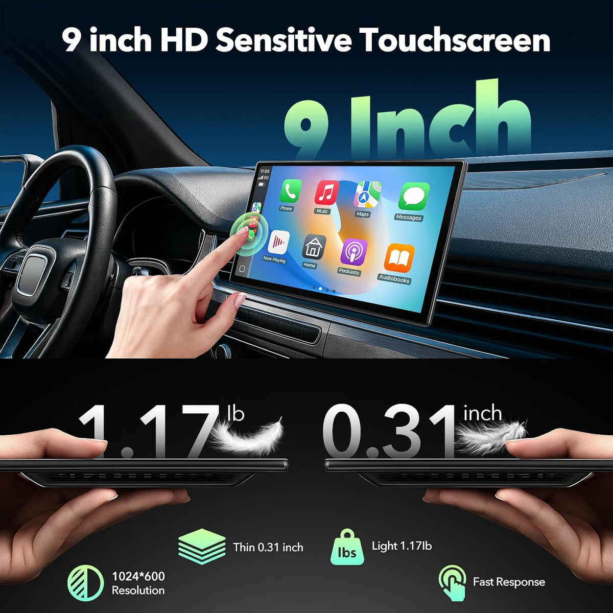 9 Inch Carplay Scherm – Android Auto Scherm – Auto Multimedia Speler – Touchscreen Navigatie – Backup Camera – Draadloos Wifi – Spraakbesturing Siri & Google Assistant