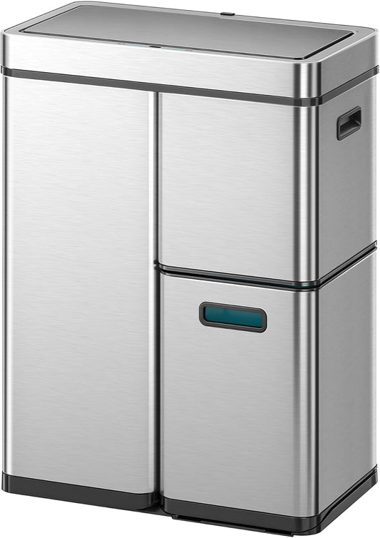 EKO Mirage Prullenbak met sensor 60 L (15+15+30 L), afvalscheiding 3 vakken, recycle afvalbak met automatisch deksel, RVS afvalemmer, 3 binnenemmers, softclose, vuilnisbak, afvalscheidingssysteem