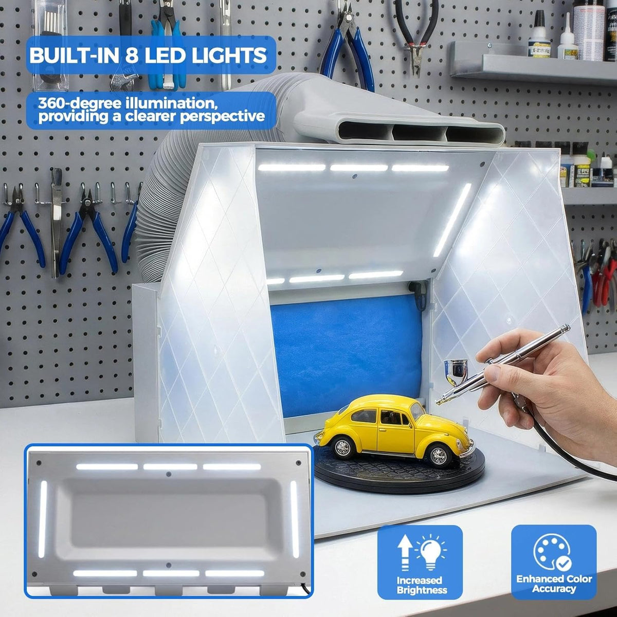 ABEST Airbrush-cabine, verstelbare krachtige ventilator en 4 ledlampen, 2-laags filter met 7,5 inch draaiplateau, 16 krokodillenstokken voor schilderen, modelbouw en handwerk