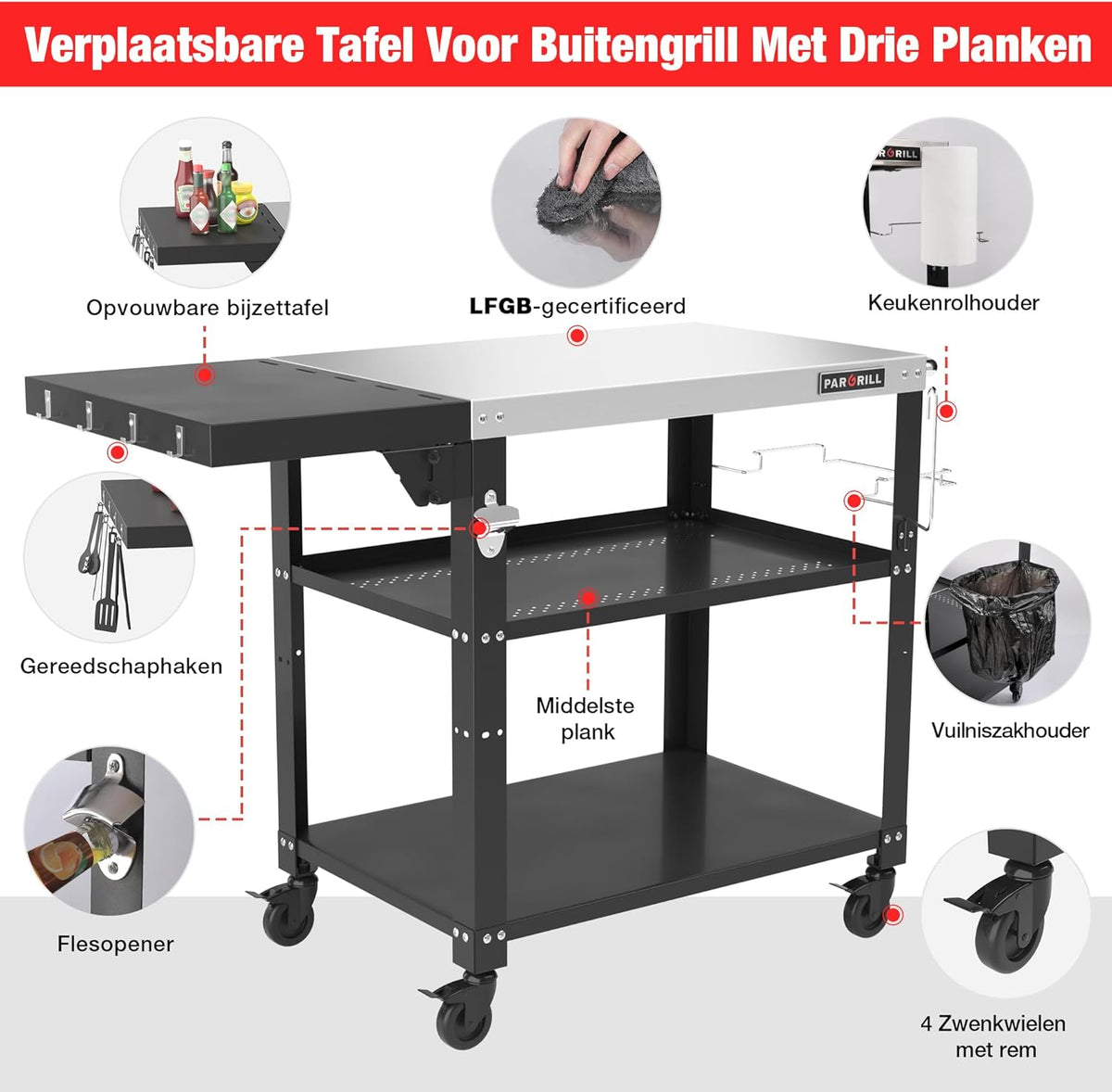 PARGRILL barbecuetrolley mobiele serveerwagen met 3 niveaus, opklapbare zijtafel en 360° zwenkbare wielen met rem - Multifunctionele roestvrijstalen buitenbarbecuetafel voor BBQ en tuin