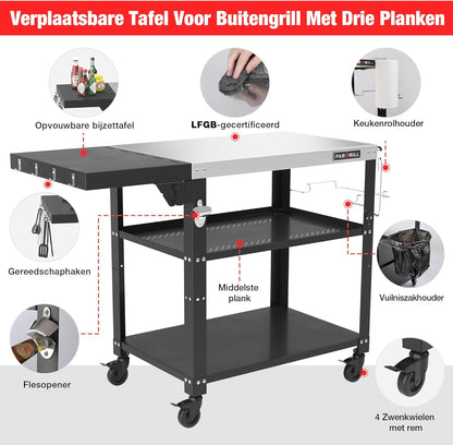 PARGRILL barbecuetrolley mobiele serveerwagen met 3 niveaus, opklapbare zijtafel en 360° zwenkbare wielen met rem - Multifunctionele roestvrijstalen buitenbarbecuetafel voor BBQ en tuin