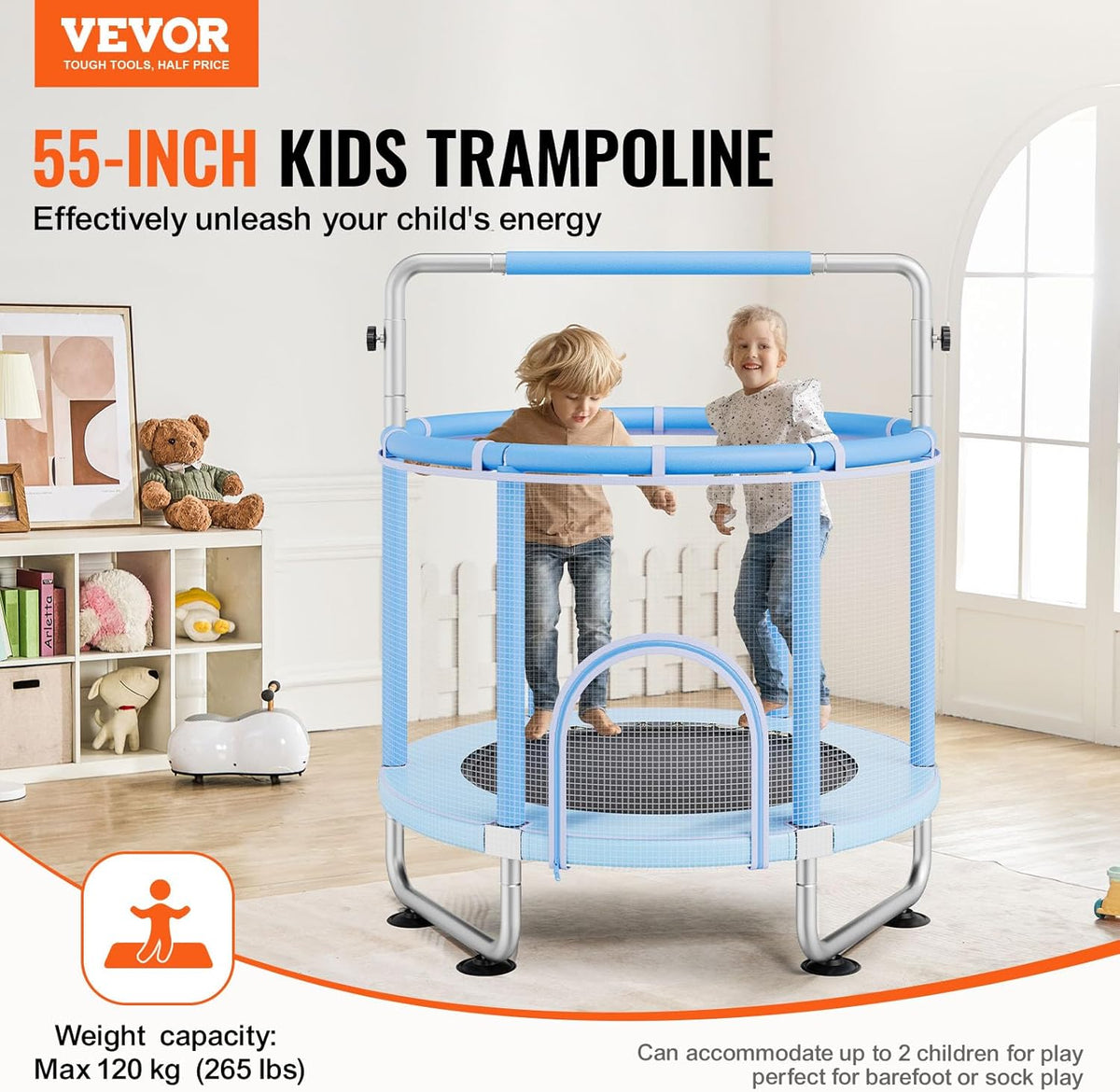 VEVOR Trampoline voor kinderen voor binnen en buiten, mini-trampoline voor peuters met veiligheidsnet en basketbalring, voor kinderen vanaf 3 jaar, 1470 x (1540-1690) mm, blauw