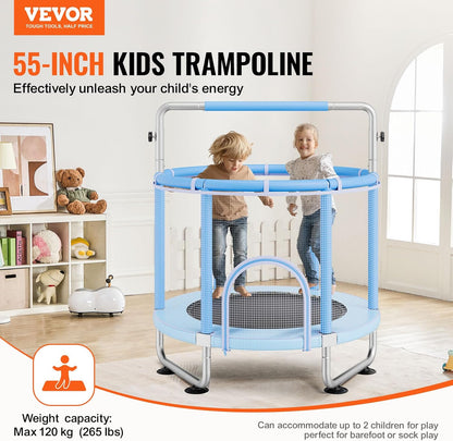 VEVOR Trampoline voor kinderen voor binnen en buiten, mini-trampoline voor peuters met veiligheidsnet en basketbalring, voor kinderen vanaf 3 jaar, 1470 x (1540-1690) mm, blauw