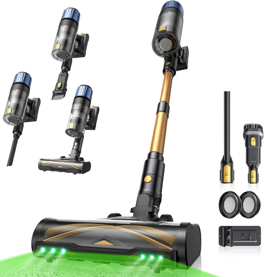 Proscenic P15 Cordless Vacuum Cleaner, 70 Minutes, 55 kPa, 580 W, Self-Standing with Touchscreen, Green Light, Anti-Tangling, 6 Layers Filter, Battery Vacuum Cleaner for Carpets, Hard Floors, Pet Hair