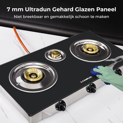 Draagbare Gaskookplaat – Gasstel – Campingkookplaat – Outdoor Kooktoestel – Gasfornuis – 3 Branders – 6250W Vermogen – Gehard Glasplaat
