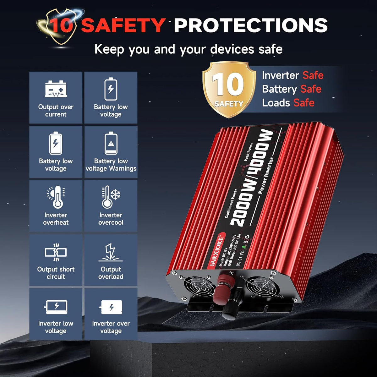 2000 W omvormer DC 12 V naar AC 230 V spanningsomvormer 2 AC stopcontact & USB-poort stroomomvormer met LCD-display, Power Inverter voor auto, auto, caravan, vrachtwagen