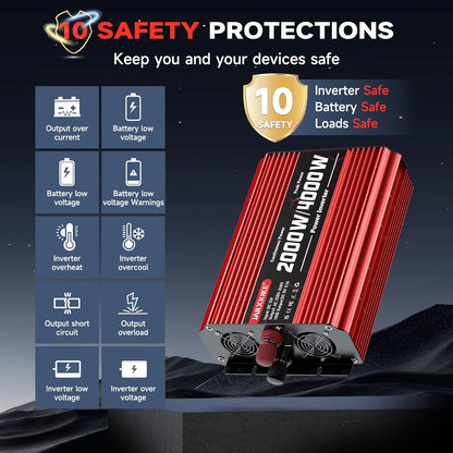 2000 W omvormer DC 12 V naar AC 230 V spanningsomvormer 2 AC stopcontact & USB-poort stroomomvormer met LCD-display, Power Inverter voor auto, auto, caravan, vrachtwagen
