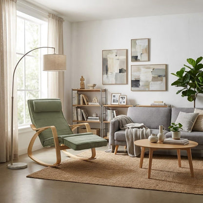 WeHome Swing Amor Schommelstoel met armleuningen van hout, Rocking Chair, schommelstoel met verstelbare voetensteun, woonkamerstoel, slaapkamerstoel (stof, groen)