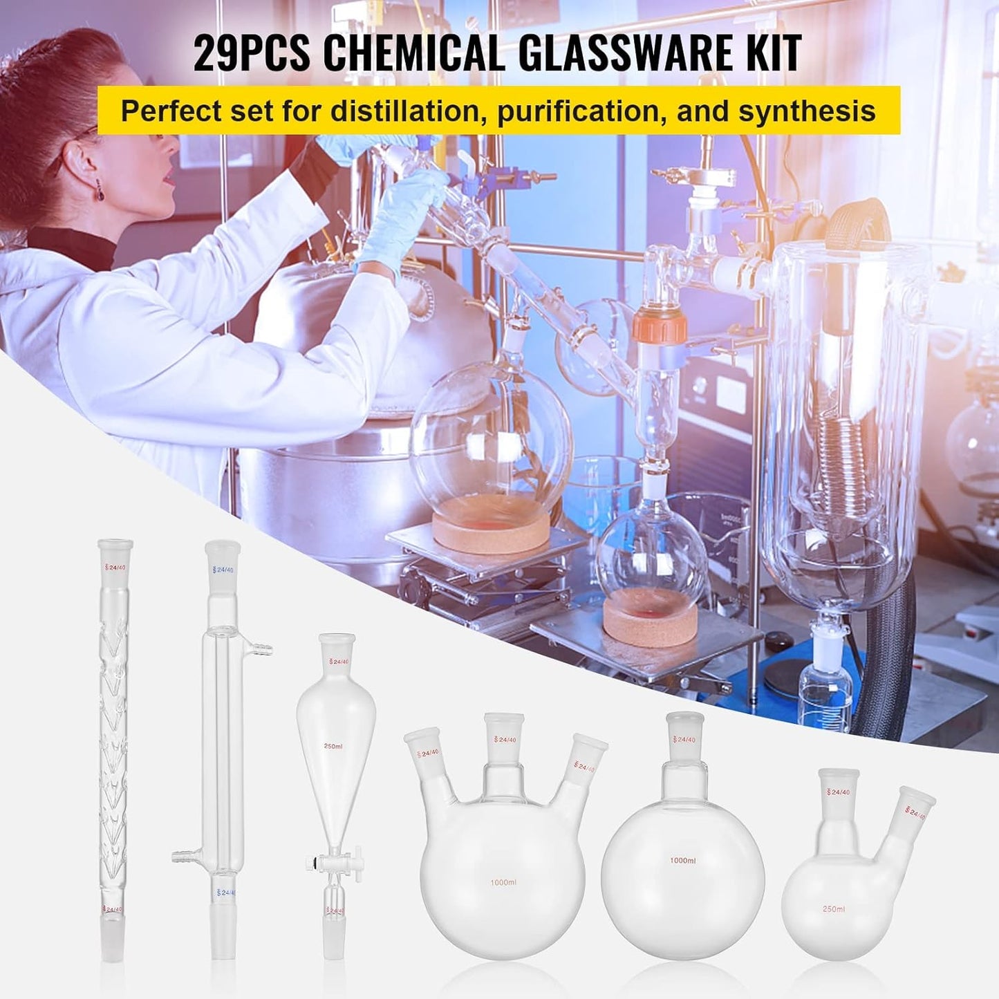 Laboratoriumglasset – Laboratoriumglaswerk – Destillatieset – Glaswerkset – Labapparatuur – 32-Delig – 3,3 Borosilicaatglas – 24/40 Slijpverbindingen & Tot 600 °C