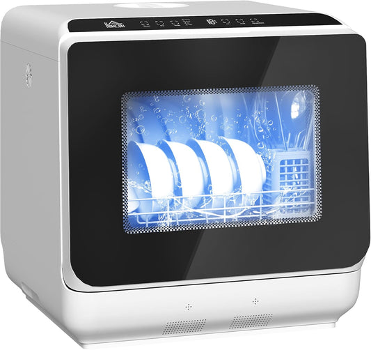 HOMCOM Mini Geschirrspüler Freistehend Tischgeschirrspüler mit 4 Maßgedecke 5 Programmen Trocken Funktion 6L Laundry Tank Touch Control LED Anzeige Spülmaschine mit/ohne Wasseranschluss für Camping