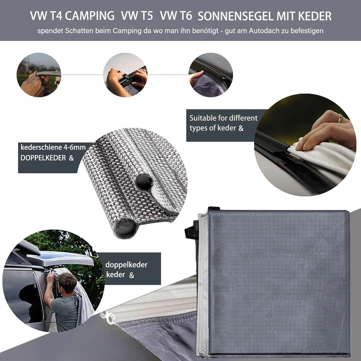 Luifel, zonnezeil met bies, zonnezeil caravan, kederrail (4-6 mm), V-w T4, T5, T6, reservedoek geeft 250 x 250 cm, voortent caravan, autovoortent, must-have voor campers