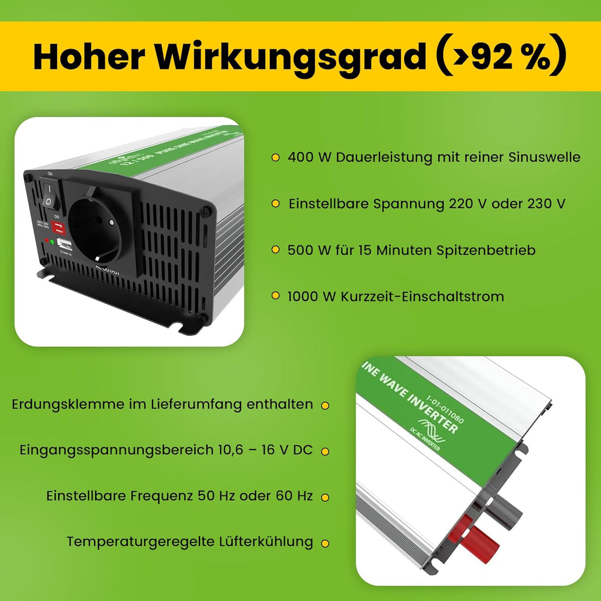 Offgridtec® PSI sinus spanningsomvormer 500W 1000W 12V naar 230V