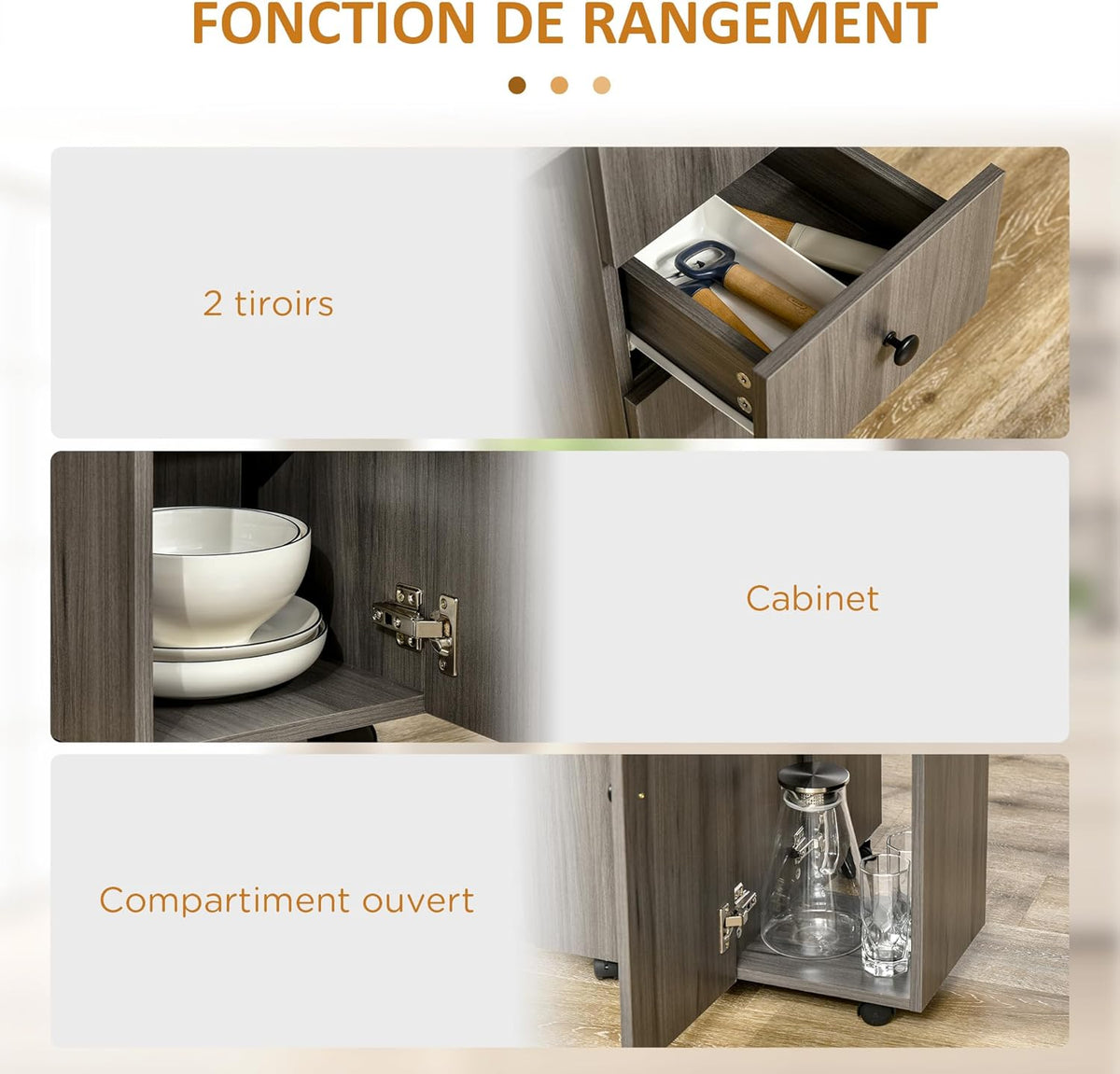 HOMCOM Keukentafel, opvouwbaar, 2 opklapbare dienbladen met 2 laden, 1 kast en 1 opbergrek, 120 x 60 x 76,5 cm, donkergrijs