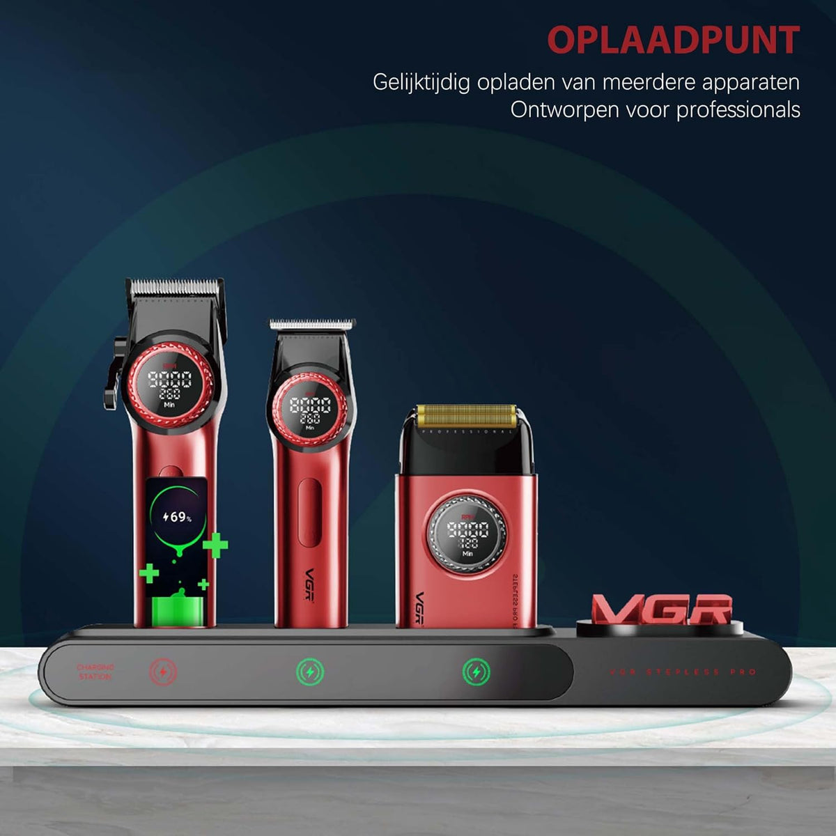 VGR 3 in 1 Professionele Tondeuse Set met Tondeuse, Trimmer, Foliescheerapparaat, Draadloze Haarknipset met Verbeterde Krachtige Motor, Geïntegreerd Oplaadstation, LED Scherm en Opbergdoos, Rood