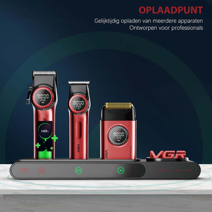 VGR 3 in 1 Professionele Tondeuse Set met Tondeuse, Trimmer, Foliescheerapparaat, Draadloze Haarknipset met Verbeterde Krachtige Motor, Geïntegreerd Oplaadstation, LED Scherm en Opbergdoos, Rood