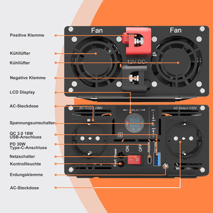 Omvormer met zuivere sinusgolf, 2000 W12 V