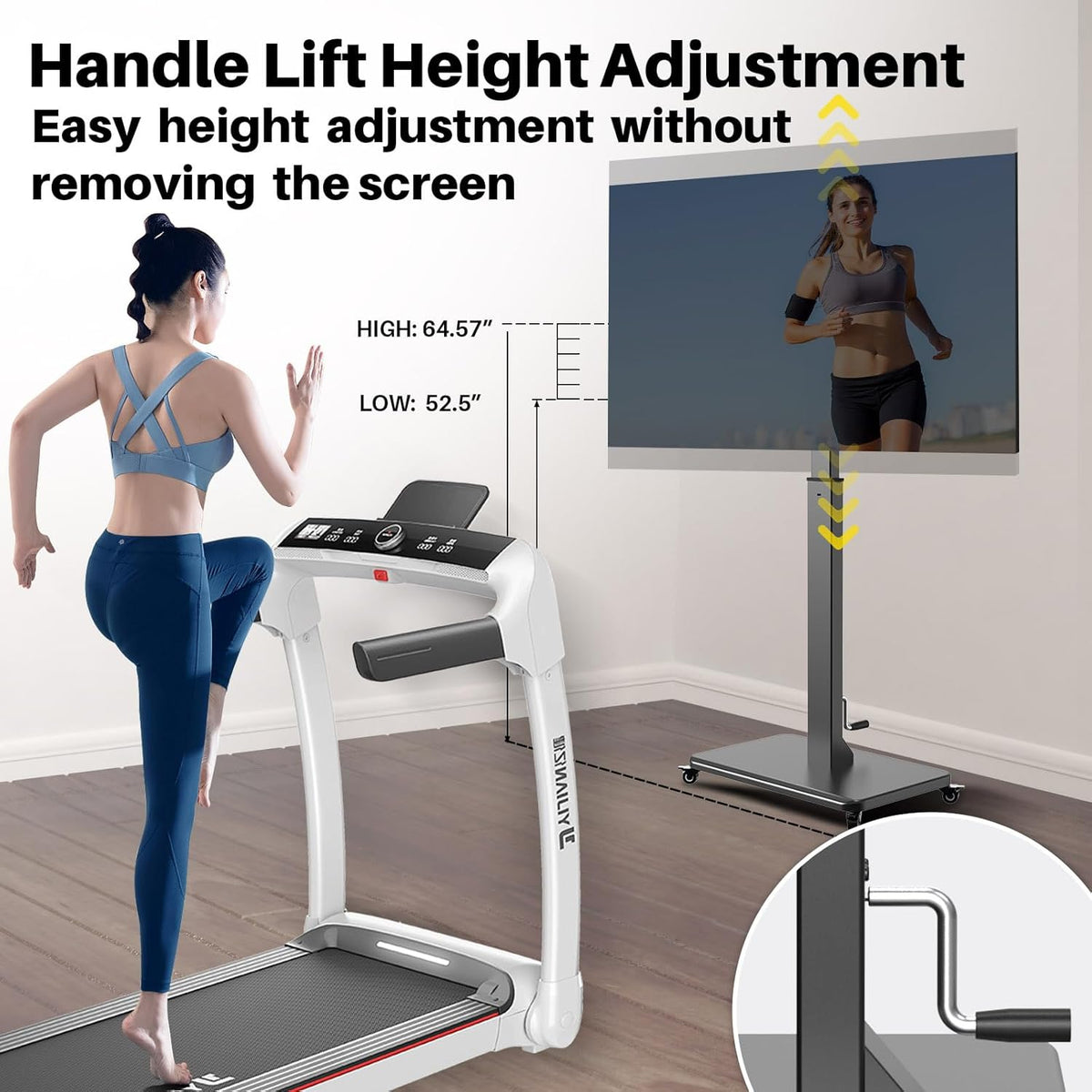 Rollende tv-standaard met handzwengellift, mobiele tv-kar voor 42-75 inch tv's, portret naar landschap, vrije hoogte verstelbaar voor maximaal 110 lbs, Max VESA 600 x 500 mm (42-75 inch tv's)