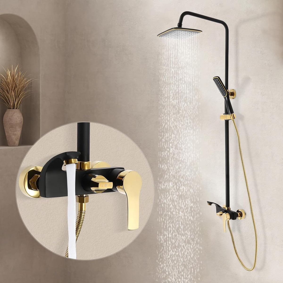 OUKANING Shower Faucet with Rain Shower, Brass Stainless Steel and ABS, Shower System Shower Set, 3 Water Outlet Modes, Indoor Housewarming Gift (Black, Gold) - QUORE