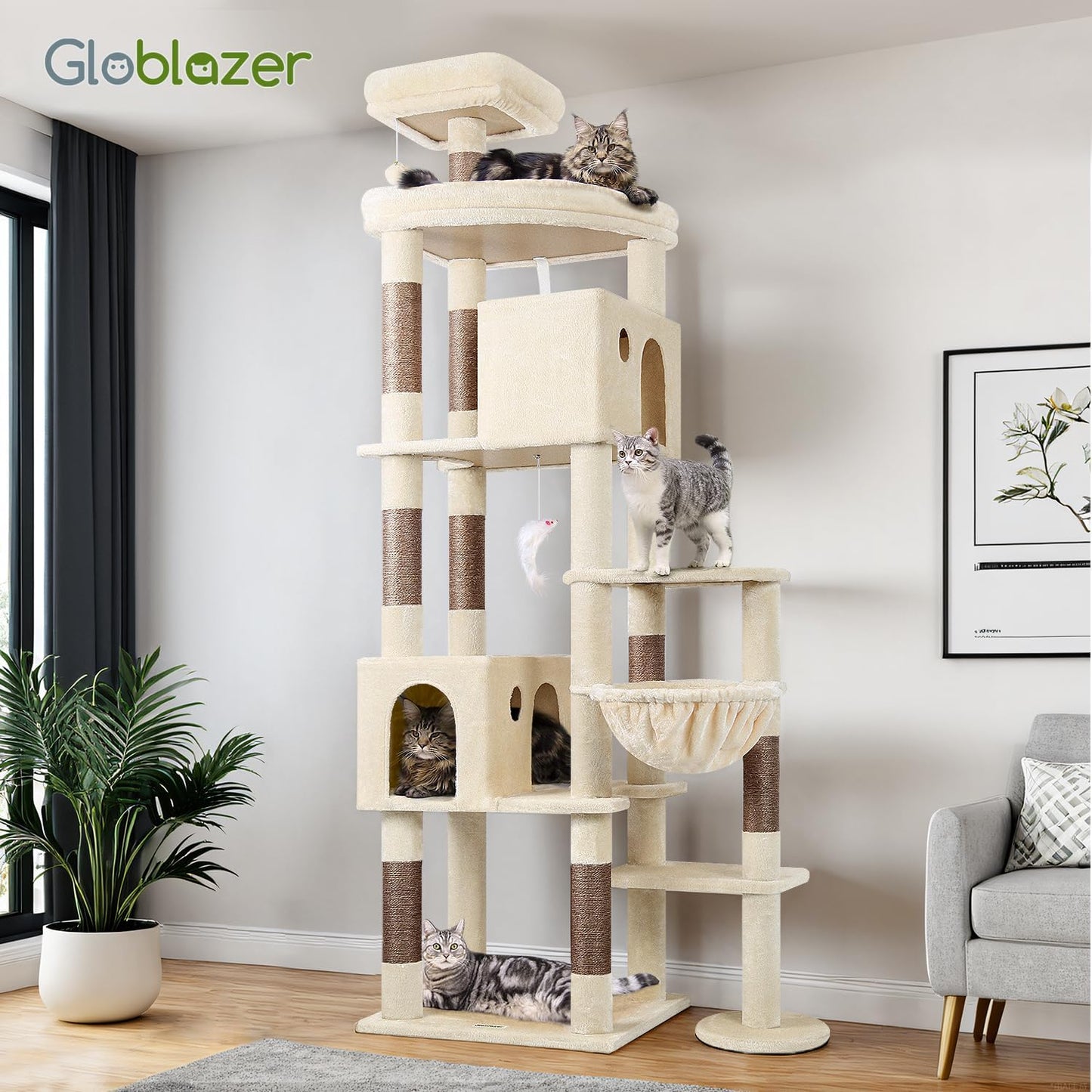 Krabpaal – Kattenboom – Kattenhuis – Kattenmeubel – Kattenmand – XL 213 cm Hoog – Luxe Sisal Krabpaal – Stabiel Met 2 Ruime Kattenholen En Gevoerde Zitstangen