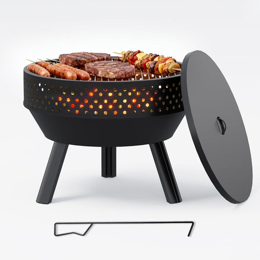 54.6 cm Vuurschaal met Grillrooster, Multifunctioneel Vuurplaats Voor Buiten met Waterdichte Tas en Pook, Vuurschaal voor Buiten, Kampvuur en Kamperen, BBQ Vuurkorf