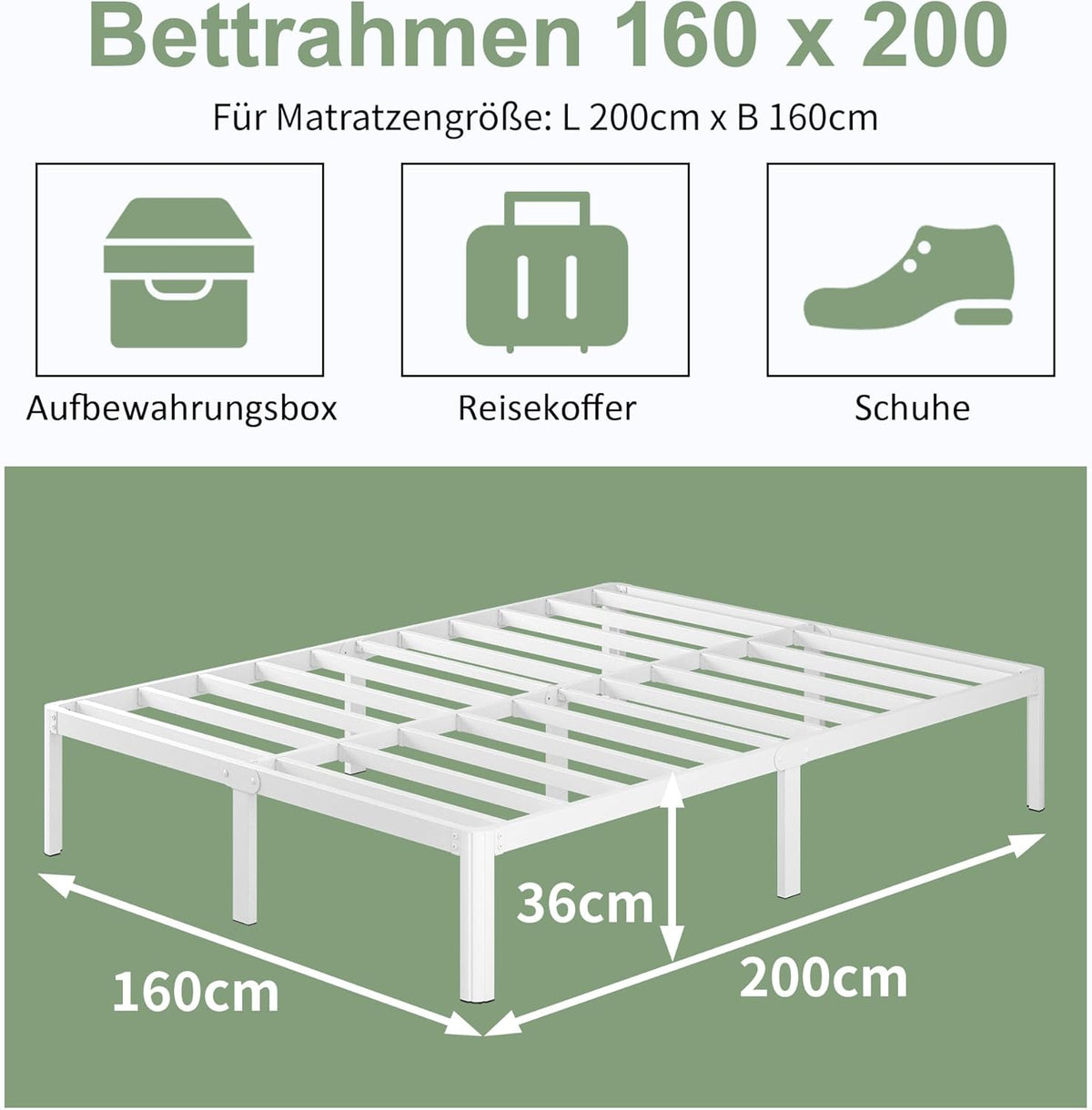 Lutown-Teen Metalen Bed 160x200 cm met Ronde Poten, Hoogte 36cm Dubbelbed Frame met Metalens Lattenbodem, Wit