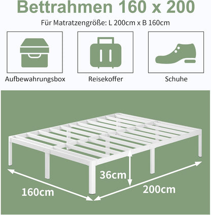Lutown-Teen Metalen Bed 160x200 cm met Ronde Poten, Hoogte 36cm Dubbelbed Frame met Metalens Lattenbodem, Wit