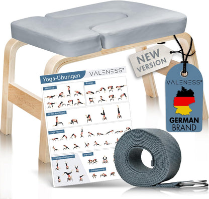Yoga Hoogwaardig Headstand Bench Met Strijp, Blok & Oefenposters - Natuurhouten Yoga Stoel Voor Handstand Oefening - Textiel Grijs