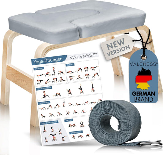 Yoga Hoogwaardig Headstand Bench Met Strijp, Blok & Oefenposters - Natuurhouten Yoga Stoel Voor Handstand Oefening - Textiel Grijs