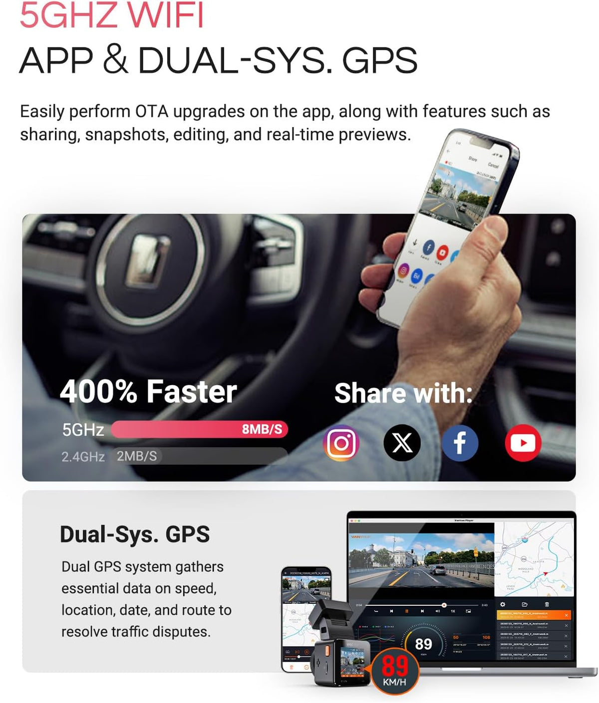 VANTRUE E1 Pro 4K Mini Dash Cam Voorkant, STARVIS 2 Plate Pix™ HDR Nachtzicht Autocamera, Ingebouwde 5G WiFi GPS, 1,54'' scherm, LTE-ondersteuning, Spraakbesturing, 24H Gebufferde Parkeermodus, On