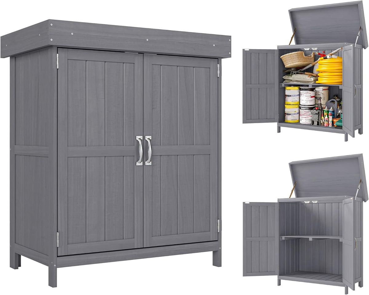 Outsunny Garden Cabinet, Tool Shed with Double Door, Tool Shed with 2 Compartments, Weatherproof Pine Wood, Dark Grey 74 x 43 x 88 cm - QUORE