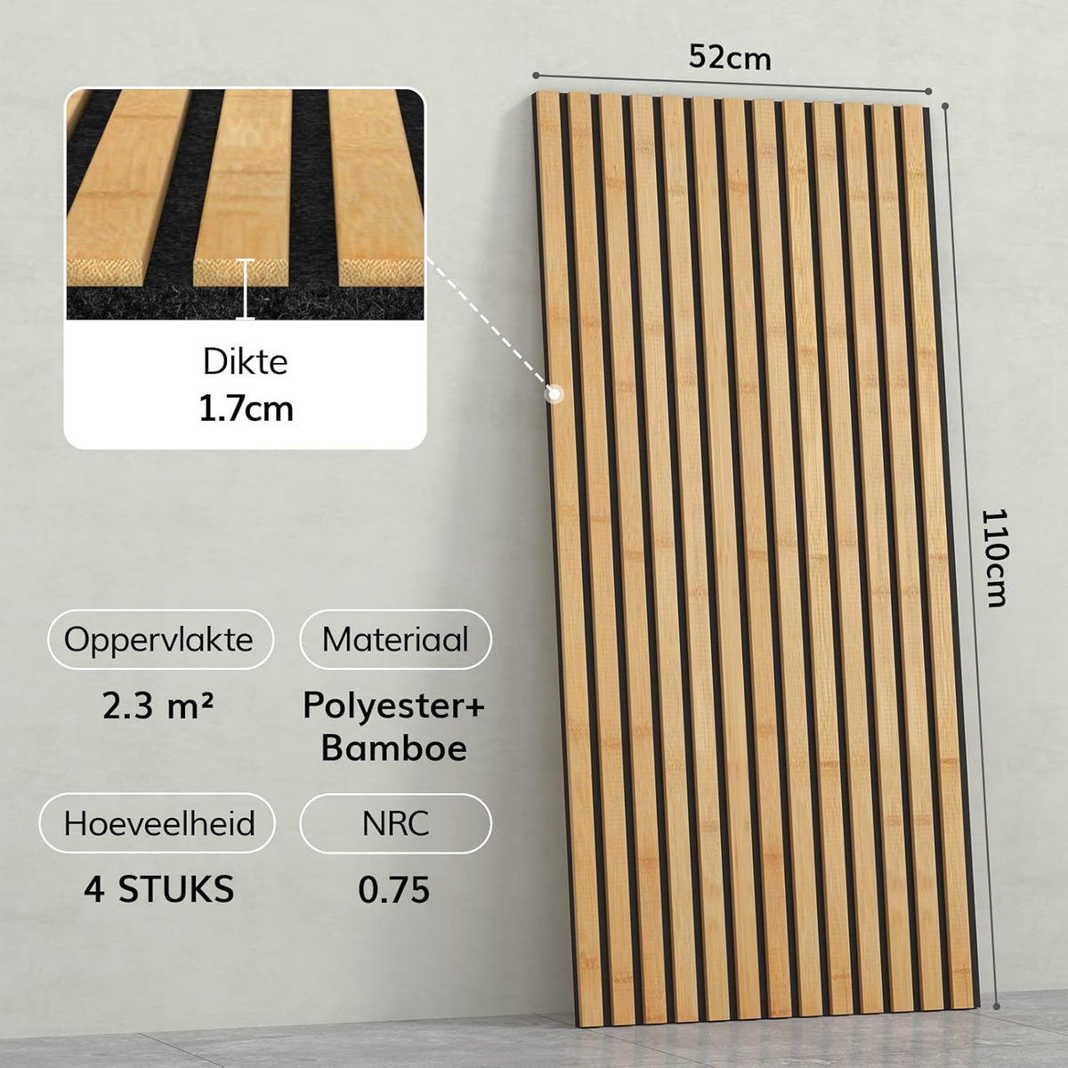 Bamboe Akoestische Panelen – Akoestisch Paneel – Wandpanelen – Houten Latten Paneel – Lamellenwand – Zelfklevend – 100% Bamboe, 4 Stuks 110 x 52 x 1,7 cm