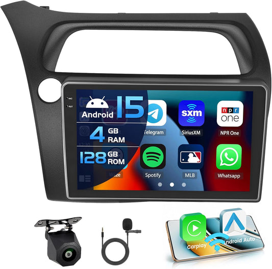4+128G Car Radio for Honda Civic VIII 2006-2011 Android 15 with 9'' In-Cell Screen Support for Wireless Carplay and Android Car Mirror Link Radio FM/RDS GPS WIFI BT SWC - QUORE