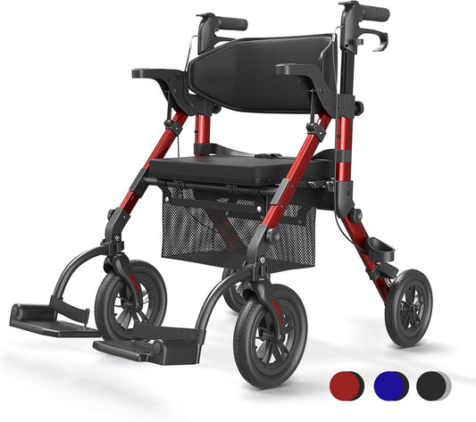 VOCIC 2 in 1 Rolstoel Rollator Opvouwbaar en Licht met Zitting, Outdoor Gumbanden voor Alle Terreinen, Lichtgewicht Rollatoren met Nettas, Aluminium Loophulp Transport-Stoel, Rood (5 Jaar