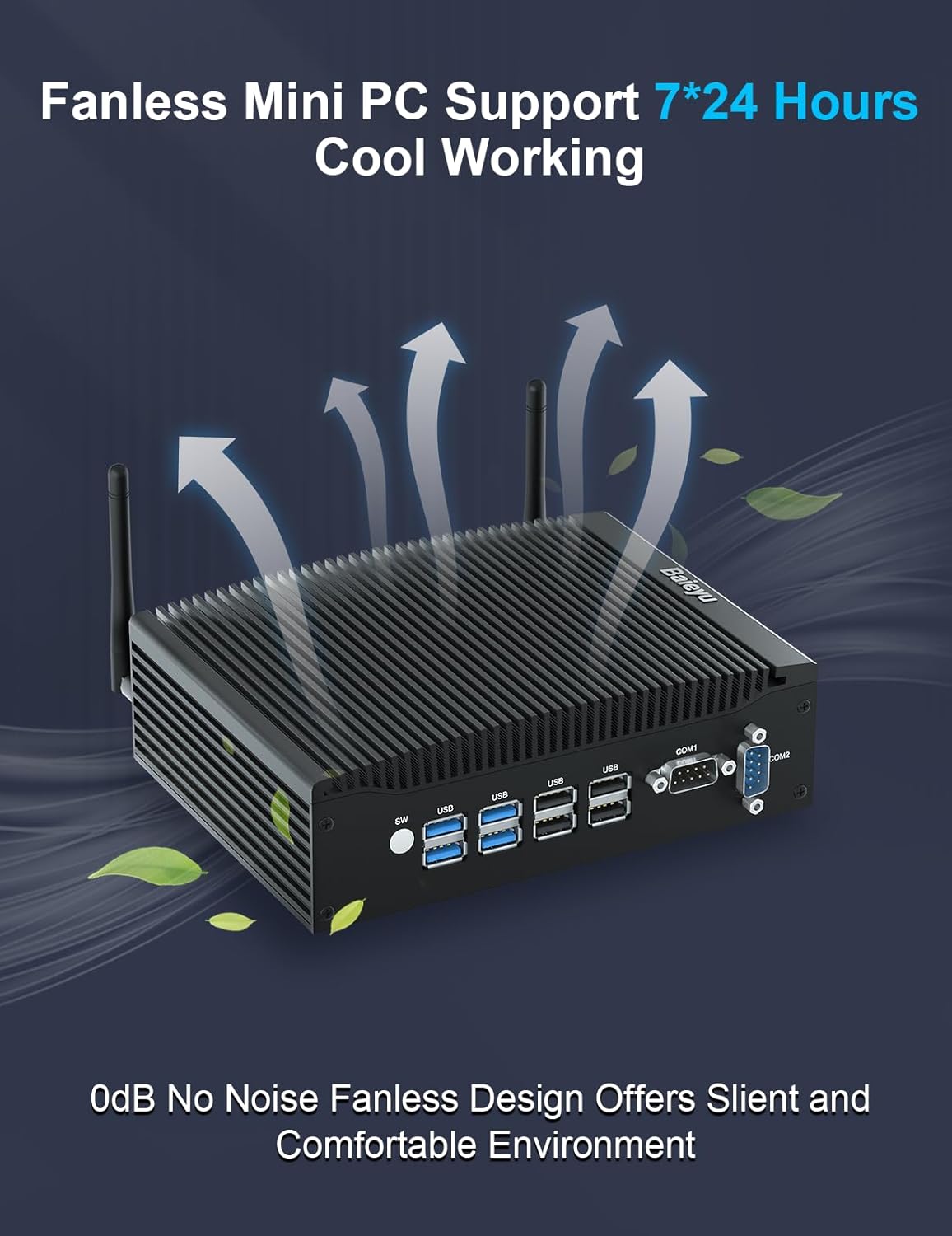 Baieyu Mini Industriële Fanless Desktop Computer Core i5-7300U 2.6-3.5GHz Mini PC Voorgeïnstalleerd Windows 10 Pro 16GB RAM DDR4 512GB SSD, 2×HD, 2×RS232 COM, 4×USB 3.0, 4×USB 2.0, Auto Power On