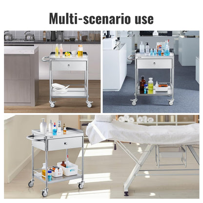 VEVOR 2 Tier Laboratory Cart, Medical Service Car, 71 x 42 x 78.5 cm, Stainless Steel, with Drawer, Load 100 kg, Silent Movement for Clinical Storage, Kitchen, Hotel,
