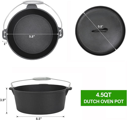 8 Piece Pre-Seasoned Dutch Oven Cooking Set Cast Iron Camping Kitchen Cookware Bakeware Frying Pans & Square Grill Pan w/ Vintage Carry Wooden Box for Ourdoor Home BBQ Baking - QUORE