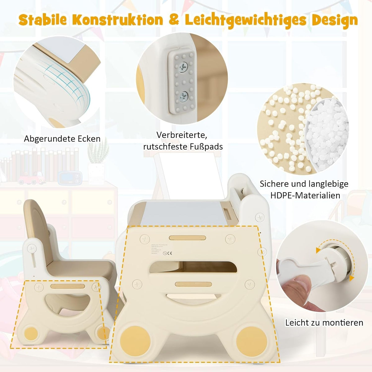 FANTASK Kinderzitgroep met in hoogte en kantelbaar tafelblad, kindertafel met kruk, om te tekenen, leren, spelen en eten, voor kinderen vanaf 3 jaar (bruin)