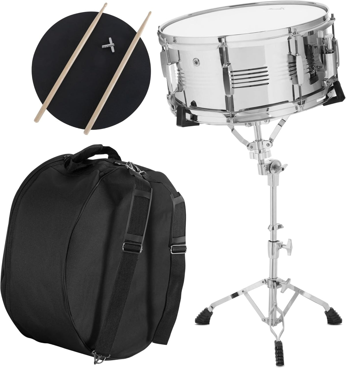 Snare Drum Starterset – Snaredrum – Drumstel Starterset – Oefenset – Percussieset – 14 x 6,5 Inch Metalen Snare – 14 Inch Oefenpad